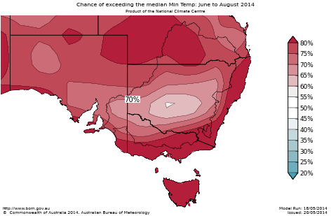 Probability of exceeding median minimum temperature - click on the map for a larger version