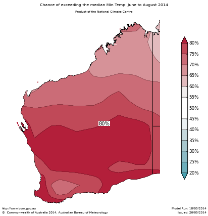 Probability of exceeding median minimum temperature - click on the map for a larger version