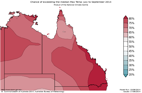 Probability of exceeding median maximum temperature - click on the map for a larger version