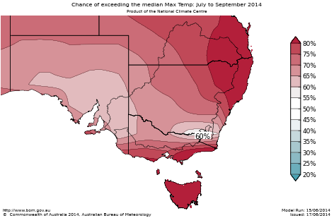Probability of exceeding median maximum temperature - click on the map for a larger version