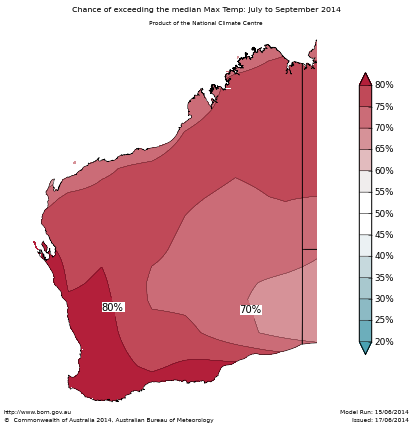Probability of exceeding median maximum temperature - click on the map for a larger version
