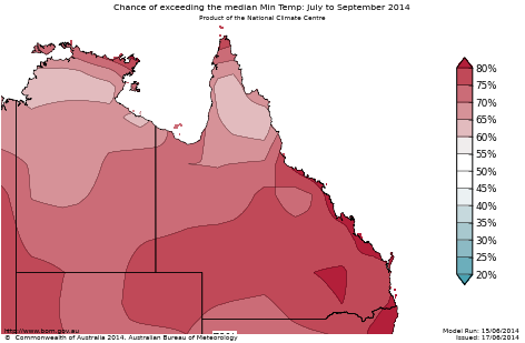 Probability of exceeding median minimum temperature - click on the map for a larger version