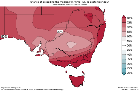 Probability of exceeding median minimum temperature - click on the map for a larger version