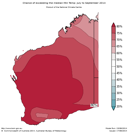 Probability of exceeding median minimum temperature - click on the map for a larger version