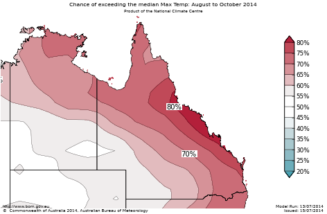 Probability of exceeding median maximum temperature - click on the map for a larger version