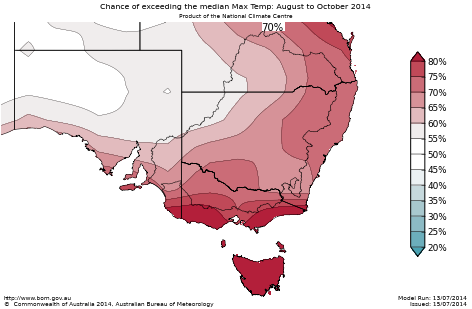 Probability of exceeding median maximum temperature - click on the map for a larger version