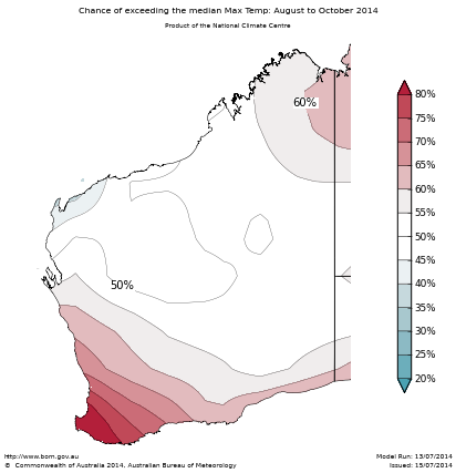 Probability of exceeding median maximum temperature - click on the map for a larger version