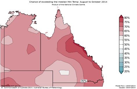 Probability of exceeding median minimum temperature - click on the map for a larger version