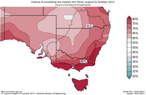 Probability of exceeding median minimum temperature - click on the map for a larger version