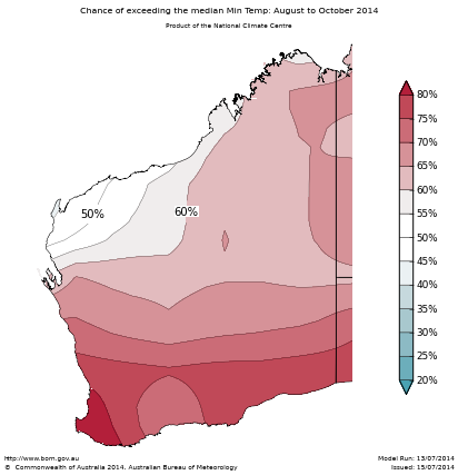Probability of exceeding median minimum temperature - click on the map for a larger version