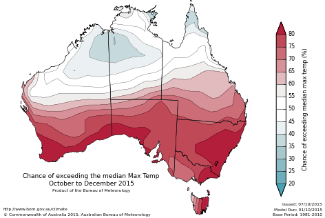 Probability of exceeding median maximum temperature - click on the map for a larger version