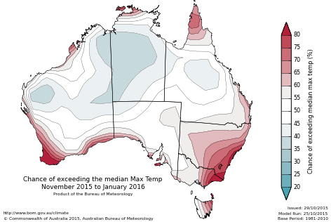 Probability of exceeding median maximum temperature - click on the map for a larger version