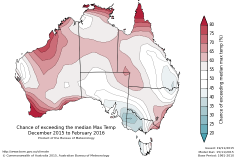 Probability of exceeding median maximum temperature - click on the map for a larger version