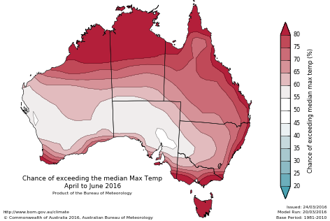 Probability of exceeding median maximum temperature - click on the map for a larger version
