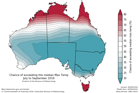 Probability of exceeding median maximum temperature - click on the map for a larger version