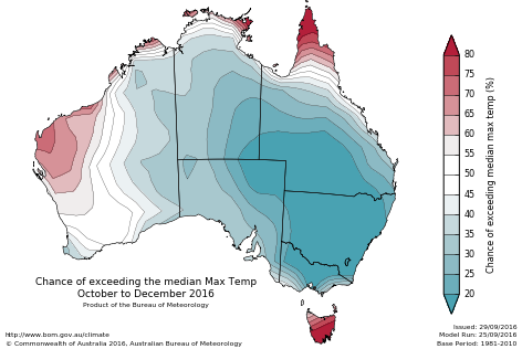 Probability of exceeding median maximum temperature - click on the map for a larger version