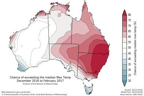 Probability of exceeding median maximum temperature - click on the map for a larger version