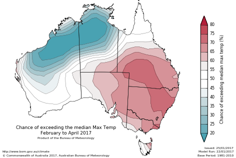 Probability of exceeding median maximum temperature - click on the map for a larger version
