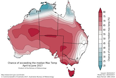 Probability of exceeding median maximum temperature - click on the map for a larger version