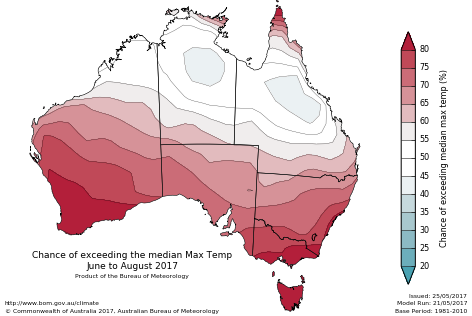 Probability of exceeding median maximum temperature - click on the map for a larger version
