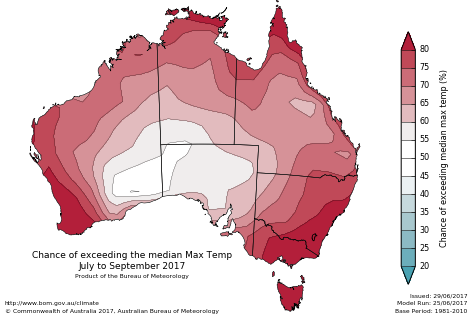 Probability of exceeding median maximum temperature - click on the map for a larger version