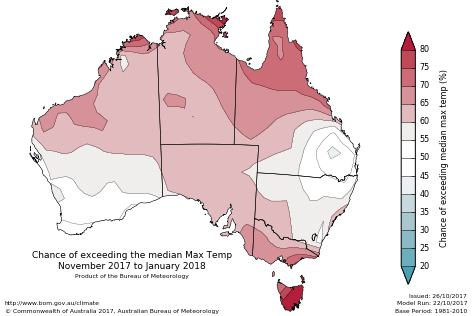 Probability of exceeding median maximum temperature - click on the map for a larger version