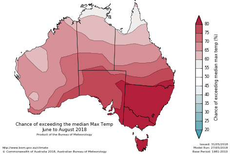 Probability of exceeding median maximum temperature - click on the map for a larger version