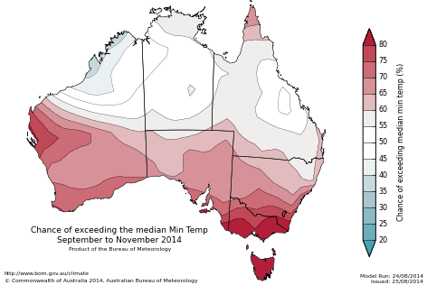 Probability of exceeding median minimum temperature - click on the map for a larger version
