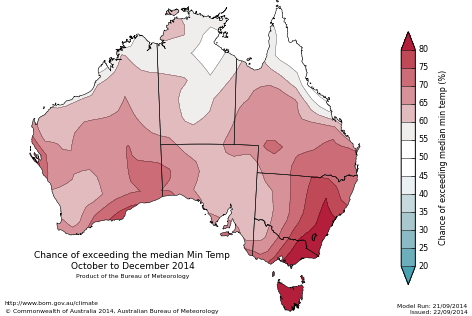 Probability of exceeding median minimum temperature - click on the map for a larger version