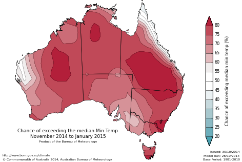 Probability of exceeding median minimum temperature - click on the map for a larger version