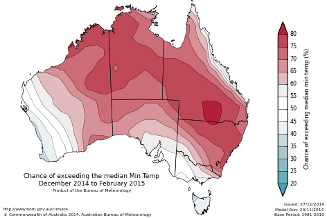 Probability of exceeding median minimum temperature - click on the map for a larger version