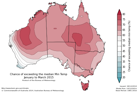 Probability of exceeding median minimum temperature - click on the map for a larger version