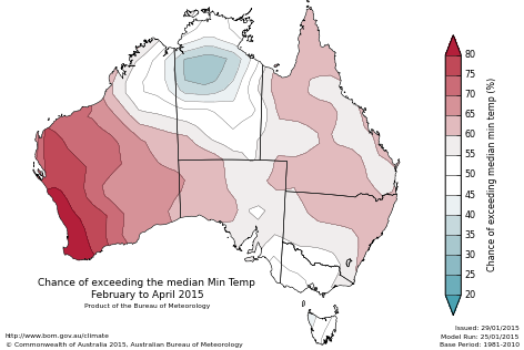 Probability of exceeding median minimum temperature - click on the map for a larger version