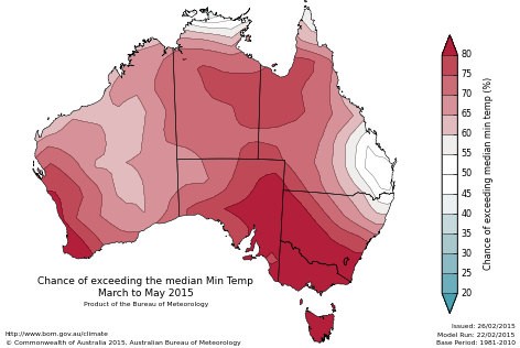 Probability of exceeding median minimum temperature - click on the map for a larger version