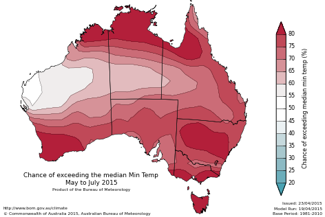 Probability of exceeding median minimum temperature - click on the map for a larger version