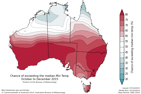 Probability of exceeding median minimum temperature - click on the map for a larger version
