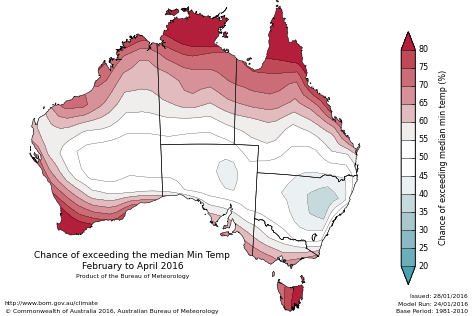 Probability of exceeding median minimum temperature - click on the map for a larger version