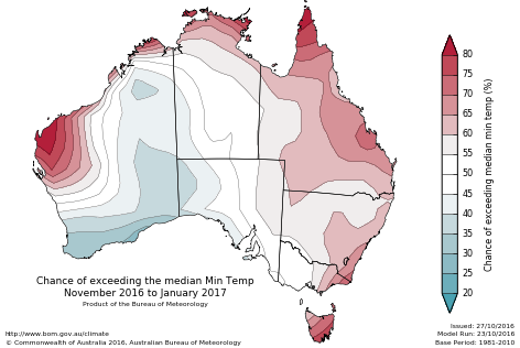 Probability of exceeding median minimum temperature - click on the map for a larger version