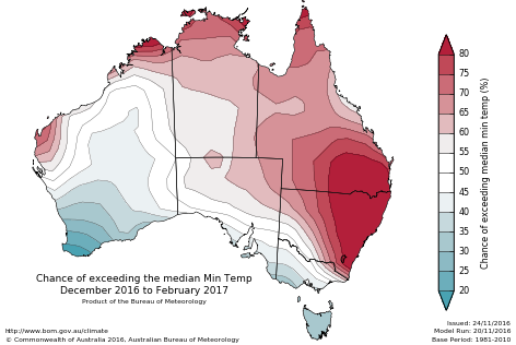 Probability of exceeding median minimum temperature - click on the map for a larger version
