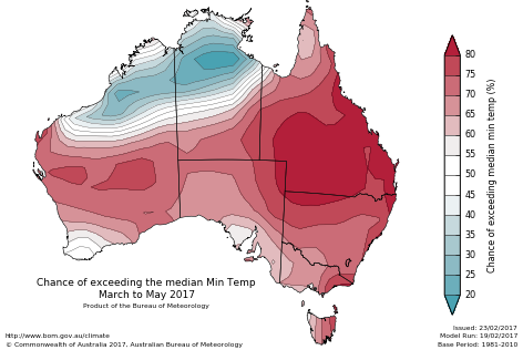 Probability of exceeding median minimum temperature - click on the map for a larger version