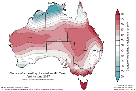 Probability of exceeding median minimum temperature - click on the map for a larger version