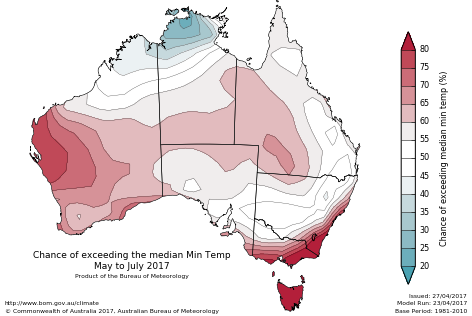 Probability of exceeding median minimum temperature - click on the map for a larger version
