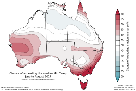 Probability of exceeding median minimum temperature - click on the map for a larger version