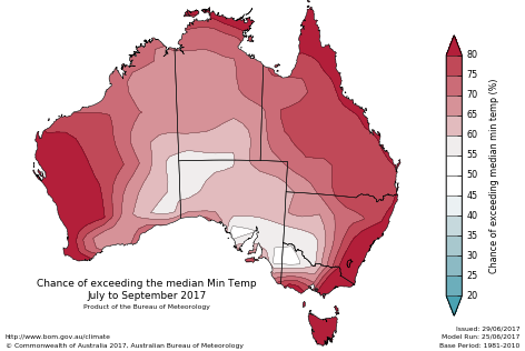 Probability of exceeding median minimum temperature - click on the map for a larger version