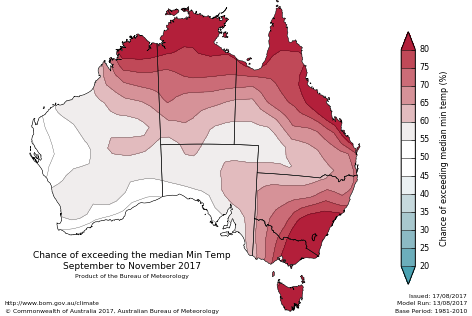 Probability of exceeding median minimum temperature - click on the map for a larger version