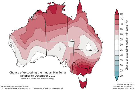 Probability of exceeding median minimum temperature - click on the map for a larger version