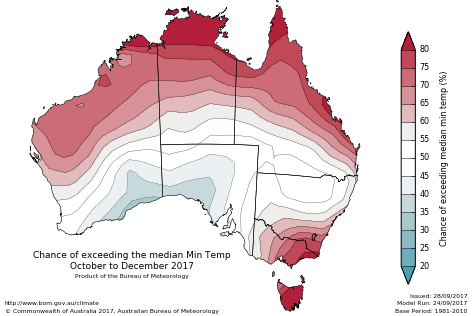 Probability of exceeding median minimum temperature - click on the map for a larger version