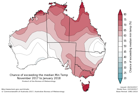 Probability of exceeding median minimum temperature - click on the map for a larger version