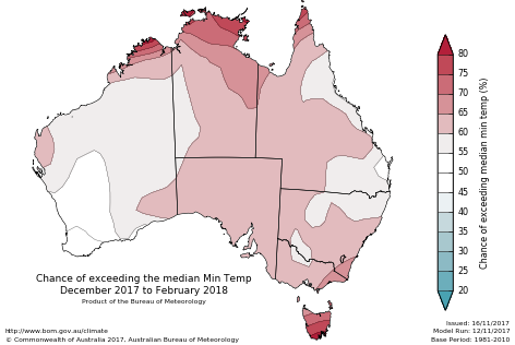 Probability of exceeding median minimum temperature - click on the map for a larger version
