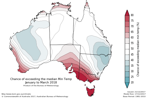 Probability of exceeding median minimum temperature - click on the map for a larger version